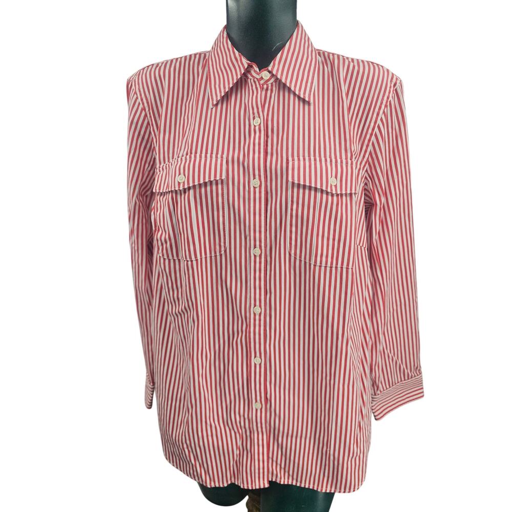 Lauren Ralph Lauren Striped Easy Care Cotton Shirt Red & White Women's 1X 3960